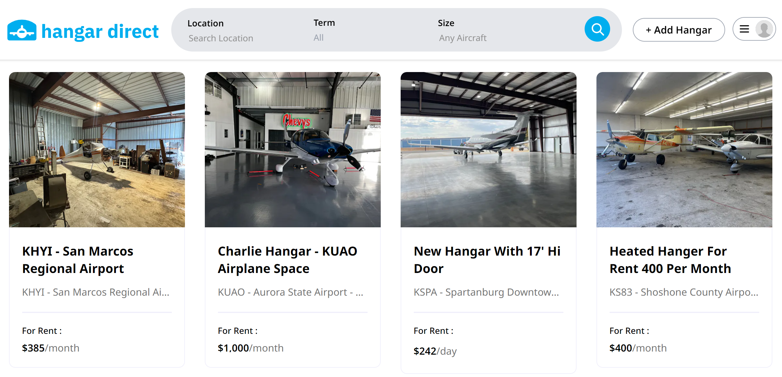 Hangar Direct Homepage